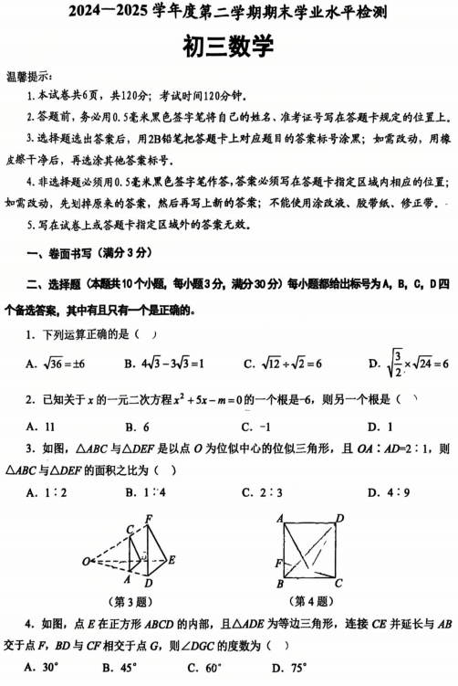 山东省烟台市莱阳市2024-2025学年下学期期末学业水平检测九年级数学试题
