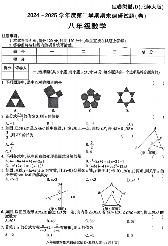 陕西省渭南市初级中学2024-2025学年八年级下学期期末调研数学试卷