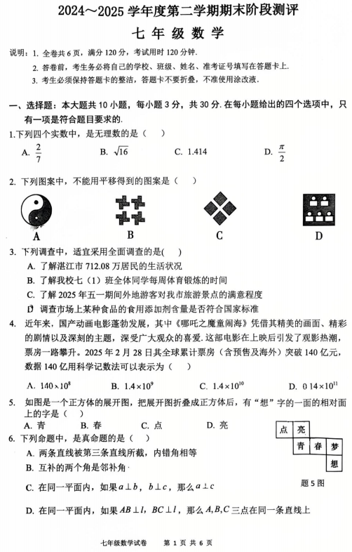 广东省湛江市霞山区2024-2025学年七年级下学期6月期末数学试题