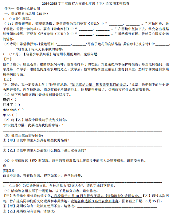 期末模拟试卷-安徽省六安市2024-2025学年统编版语文七年级下册