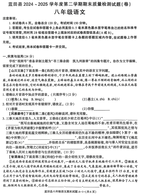 陕西省西安市蓝田县2024—2025学年八年级下学期期末考试语文试题
