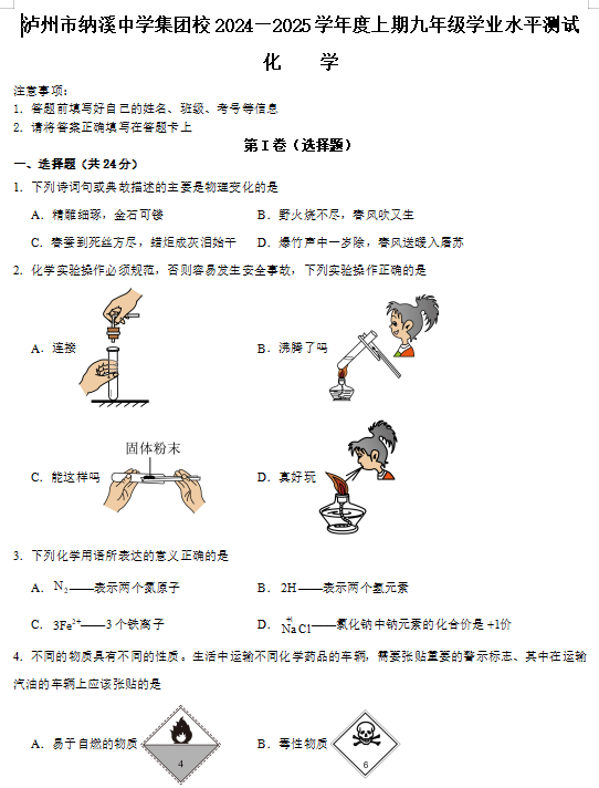 四川省泸州市纳溪区纳溪中学集团校联考2024-2025学年九年级上学期1月期末化学试题 四川省泸州市纳溪区纳溪中学集团校联考2024-2025学年九年级上学期1月期末化学试题