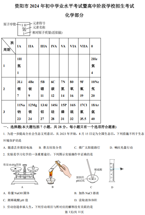 2024年四川省资阳市中考化学试题
