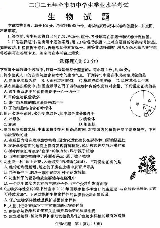 2025年山东省聊城市中考生物试题