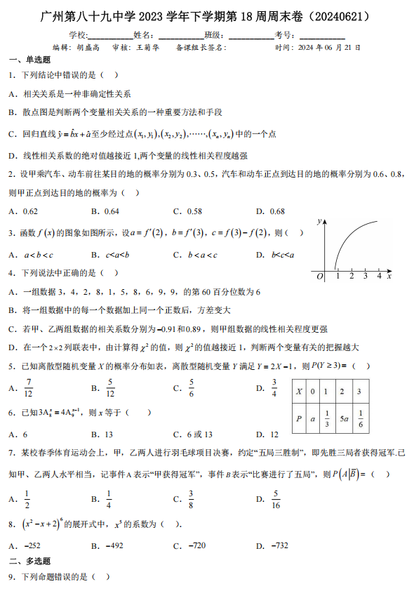 广东省广州市天河区第八十九中学2023-2024学年高二下学期第18周周末数学试卷
