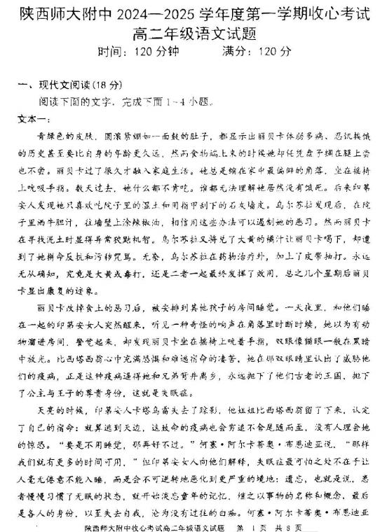 陕西省陕西师范大学附属中学2024-2025学年高二上学期期初考试语文试卷