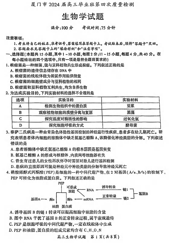 2024届福建省厦门市高考联考模拟预测生物试题