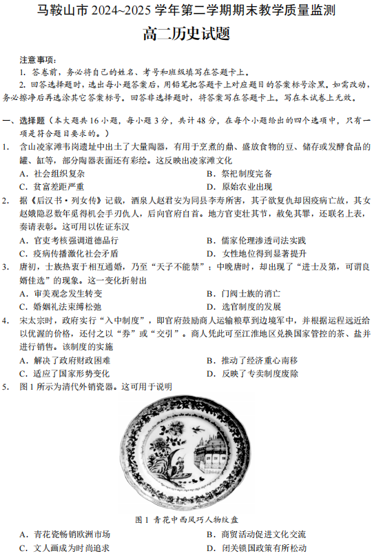 安徽省马鞍山市2024-2025学年高二下学期期末历史试题