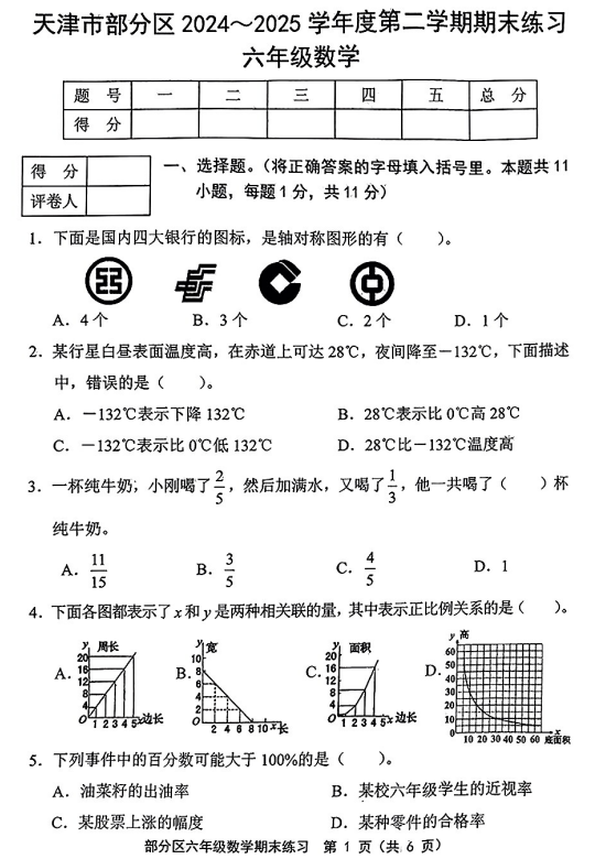 天津市津南区等5区2024-2025学年六年级下学期6月期末教学监测数学试题