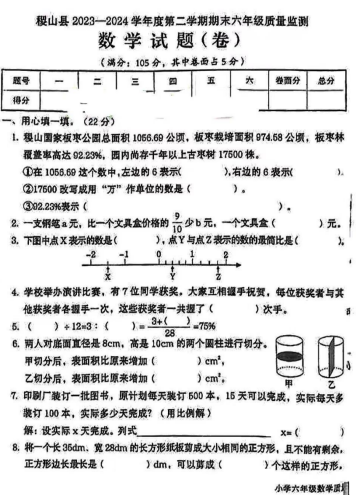 山西省运城市稷山县2023-2024学年六年级下学期期末考试数学试卷