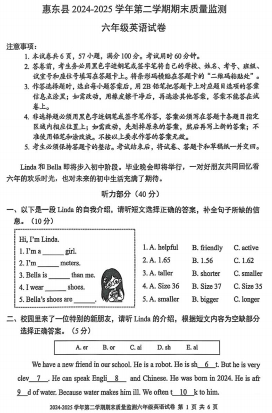 广东省惠州市惠东县2024-2025学年六年级下学期期末英语试题