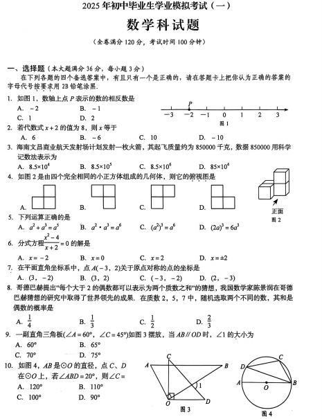 2025年海南省省直辖县级行政单位临高县一模数学试题