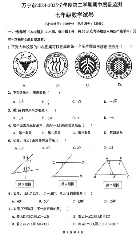 海南省万宁市2024-2025学年七年级下学期期中考试数学试题