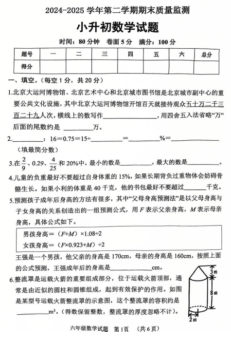 河南省濮阳市台前县2024-2025学年六年级下学期期末质量检测小升初数学试题