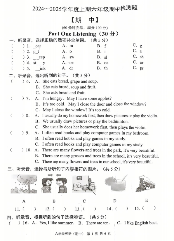 四川省成都市金堂县2024-2025学年六年级上学期期中英语检测题+