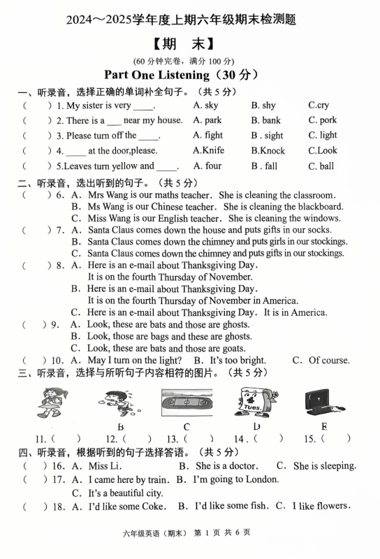 四川省成都市金堂县2024-2025学年六年级上学期期末英语检测题