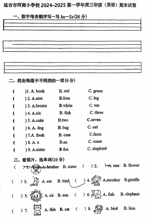 吉林省延边朝鲜族自治州延吉市河南小学2024-2025学年三年级上学期期末英语试题