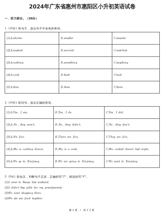 广东省惠州市惠阳区2023-2024学年六年级下学期英语小升初试卷