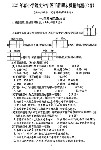 福建省泉州市石狮市2024-2025学年六年级下学期期末测试语文试卷