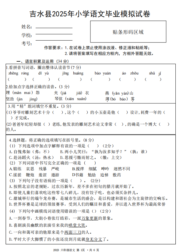 江西省吉安市吉水县2024-2025学年六年级下学期期末毕业模拟语文试卷