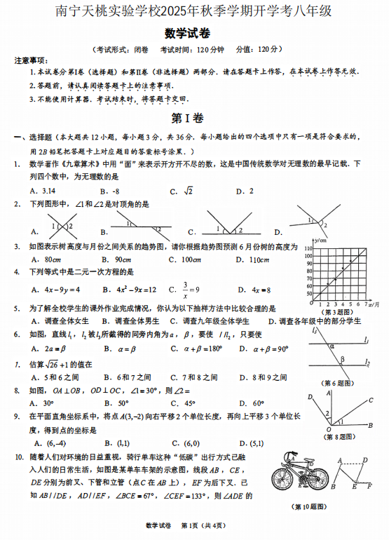 广西壮族自治区南宁市天桃实验学校2025-2026学年八年级上学期开学数学试题