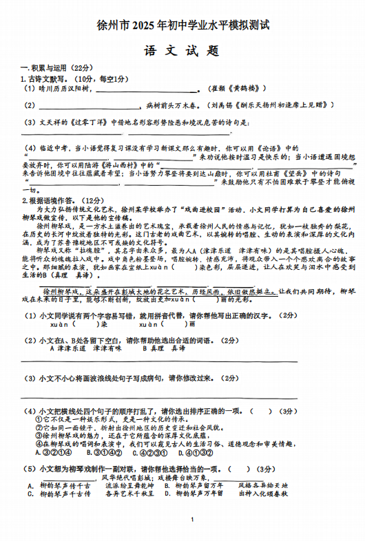 2025年江苏省徐州市爱登高中学中考模拟语文试题
