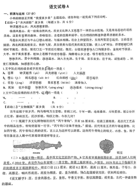 2025年山东省淄博第七中学自主招生考试语文试题A卷