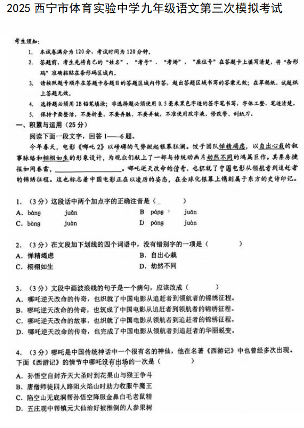 2025年青海省西宁市体育实验中学中考三模语文试题