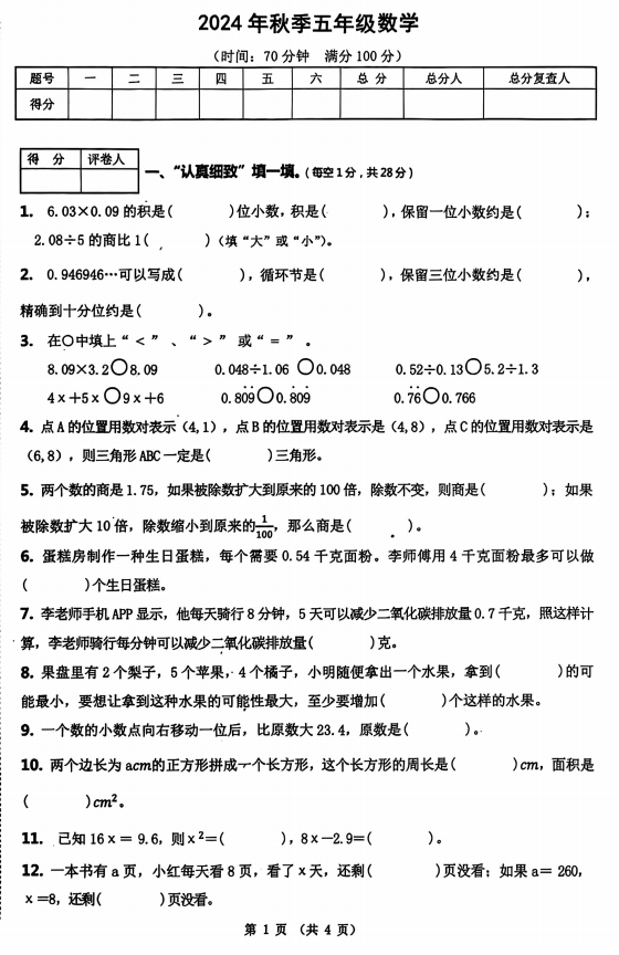 四川省绵阳市绵阳外国语学校2024-2025学年五年级上学期期中数学试题