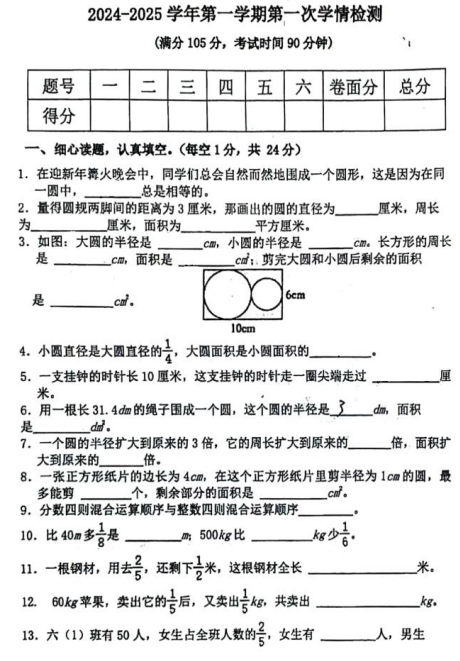 甘肃省定西市陇西县2024-2025学年六年级上学期第一次学情检测数学试卷 甘肃省定西市陇西县2024-2025学年六年级上学期第一次学情检测数学试卷