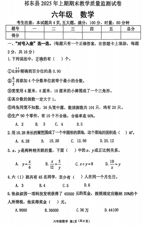湖南省衡阳市祁东县2024-2025学年六年级下学期期末教学质量监测数学试题