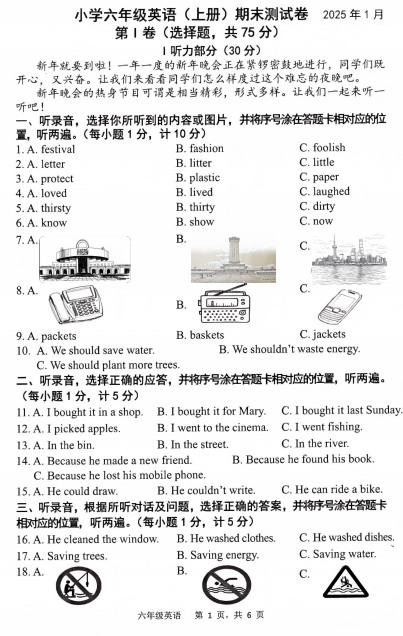 江苏省扬州市仪征市2024-2025学年六年级上学期期末英语试卷