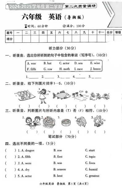 河南省濮阳市台前县2024-2025学年六年级下学期英语第二次质量调研 河南省濮阳市台前县2024-2025学年六年级下学期英语第二次质量调研