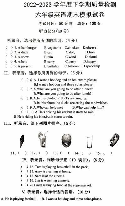 湖北省黄冈市蕲春县第二实验小学2022-2023学年六年级下学期英语期末模拟练习
