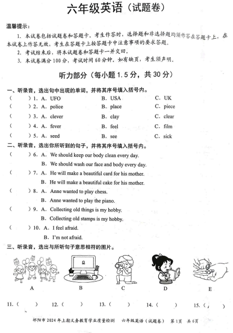 湖南省永州市祁阳市2023-2024学年六年级下学期期末英语试题
