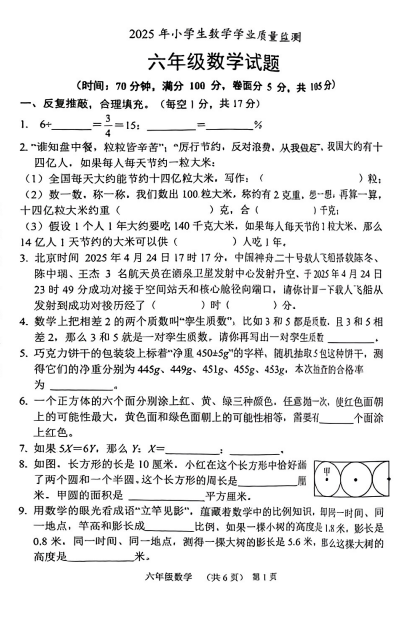 湖南省益阳市资阳区2024-2025学年六年级下学期期末考试数学试题