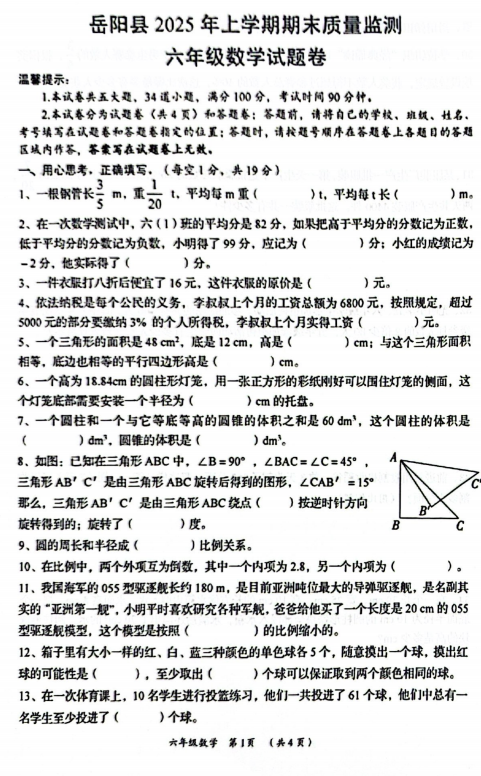 湖南省岳阳市岳阳县2024-2025学年六年级下学期期末考试数学试卷 湖南省岳阳市岳阳县2024-2025学年六年级下学期期末考试数学试卷