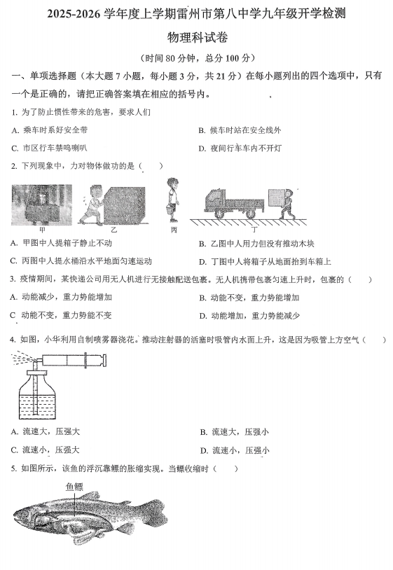 广东省湛江市雷州市第八中学2025-2026学年九年级上学期开学物理试题