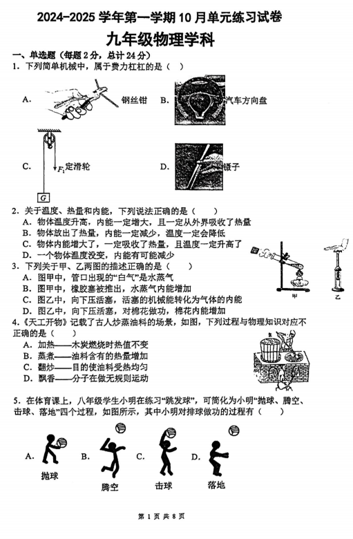 江苏省苏州市苏州工业园区星港学校2024-2025学年九年级上学期第一次月考物理试题