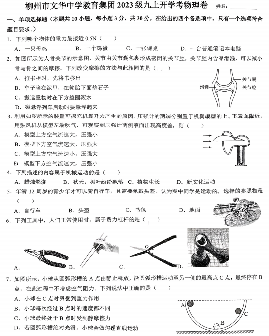 广西柳州市文华中学2024-2025学年九年级上学期开学考试物理试卷