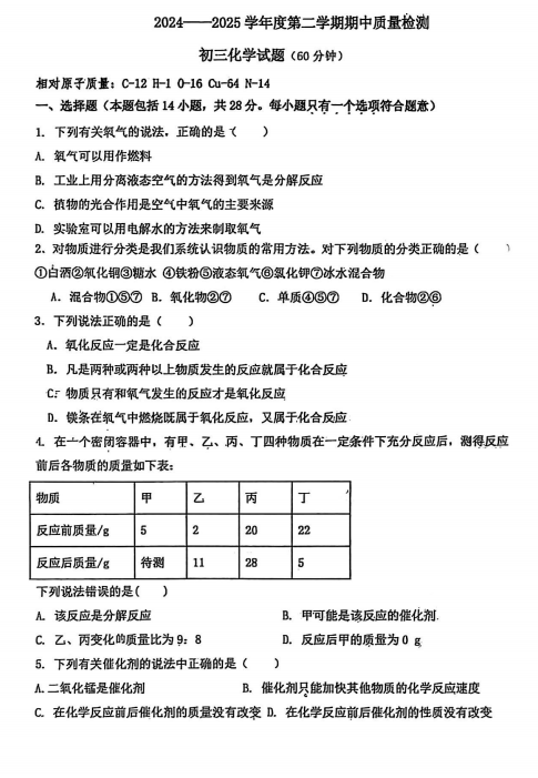 山东省威海市经济技术开发区2024-2025学年八年级下学期期中考试化学试题