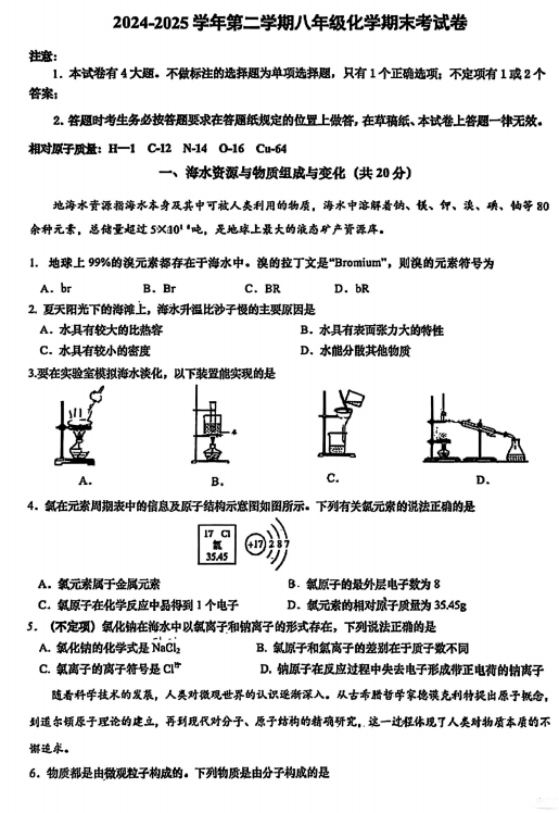 上海市民办新复兴初级中学2024--2025学年八年级下学期期末测试化学试卷
