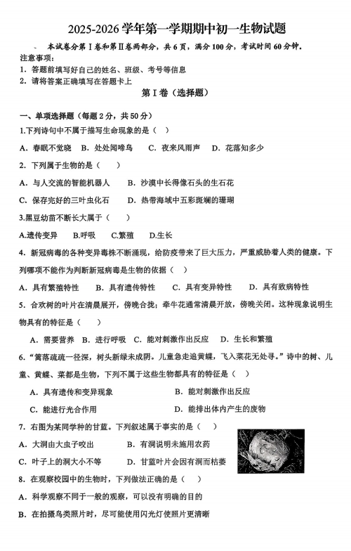 山东省淄博市博山区第六中学2025-2026学年六年级上学期期中考试生物试题