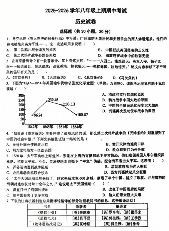 河南省郑州市第四初级中学2025-2026学年八年级上学期期中历史卷