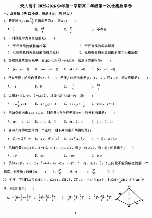 天津市天津大学附属中学2025-2026学年高二上学期第一次检测数学试卷 天津市天津大学附属中学2025-2026学年高二上学期第一次检测数学试卷