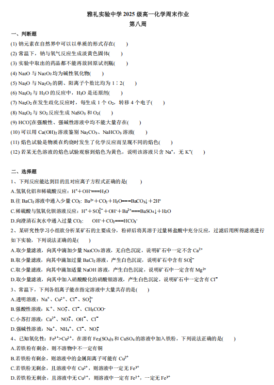 湖南省长沙市雅礼实验中学2025-2026学年高一上学期周末作业8+化学试题