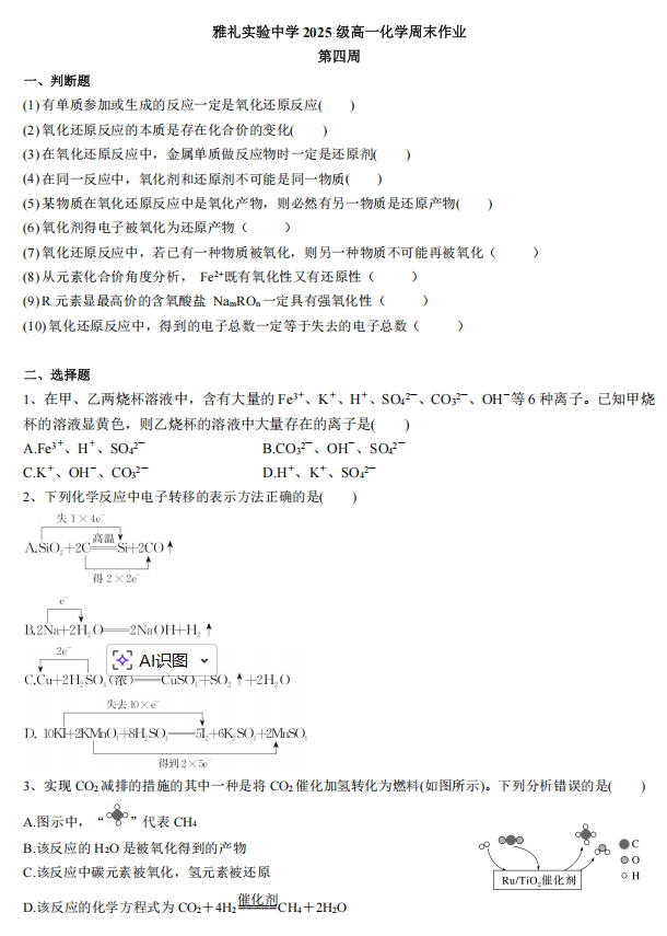 湖南省长沙市雅礼实验中学2025-2026学年高一上学期周末作业4+化学试题
