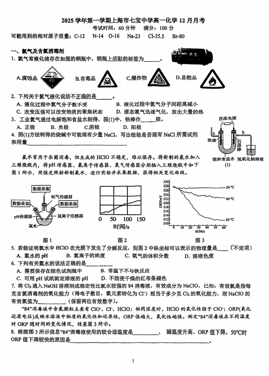上海市七宝中学2025-2026学年高一上学期12月月考+化学试题 上海市七宝中学2025-2026学年高一上学期12月月考+化学试题