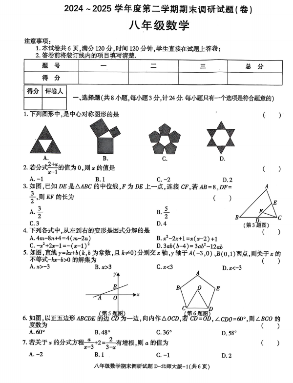 陕西省渭南市初级中学2024-2025学年八年级下学期期末调研数学试卷+