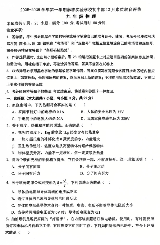 广东省惠州市惠阳区泰雅实验学校2025-2026学年九年级上学期12月月考物理试卷